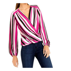I.N.C. Women's Striped Surplice Long Sleeve Blouse, L